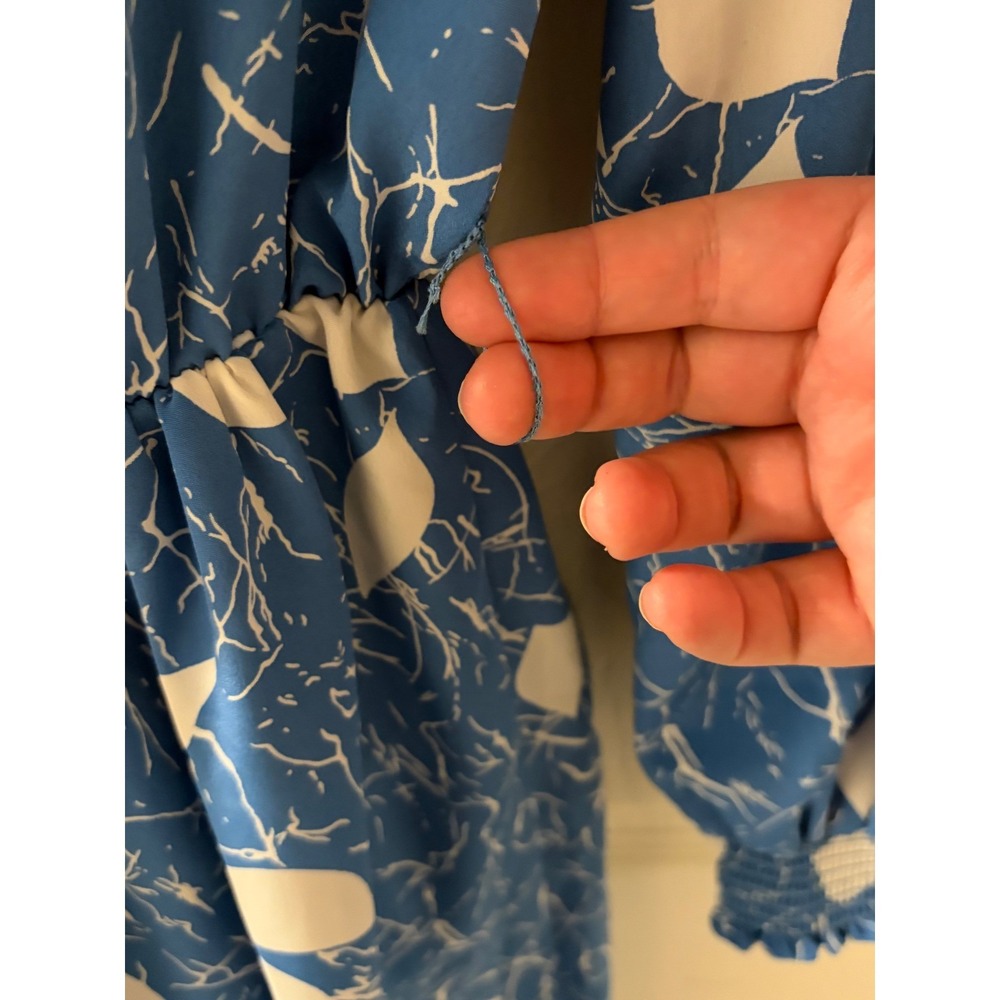 Vintage ILGWU USA Blue White Leaf Print Smocked Prairie Secretary Dress 7/8 - Picture 8 of 11